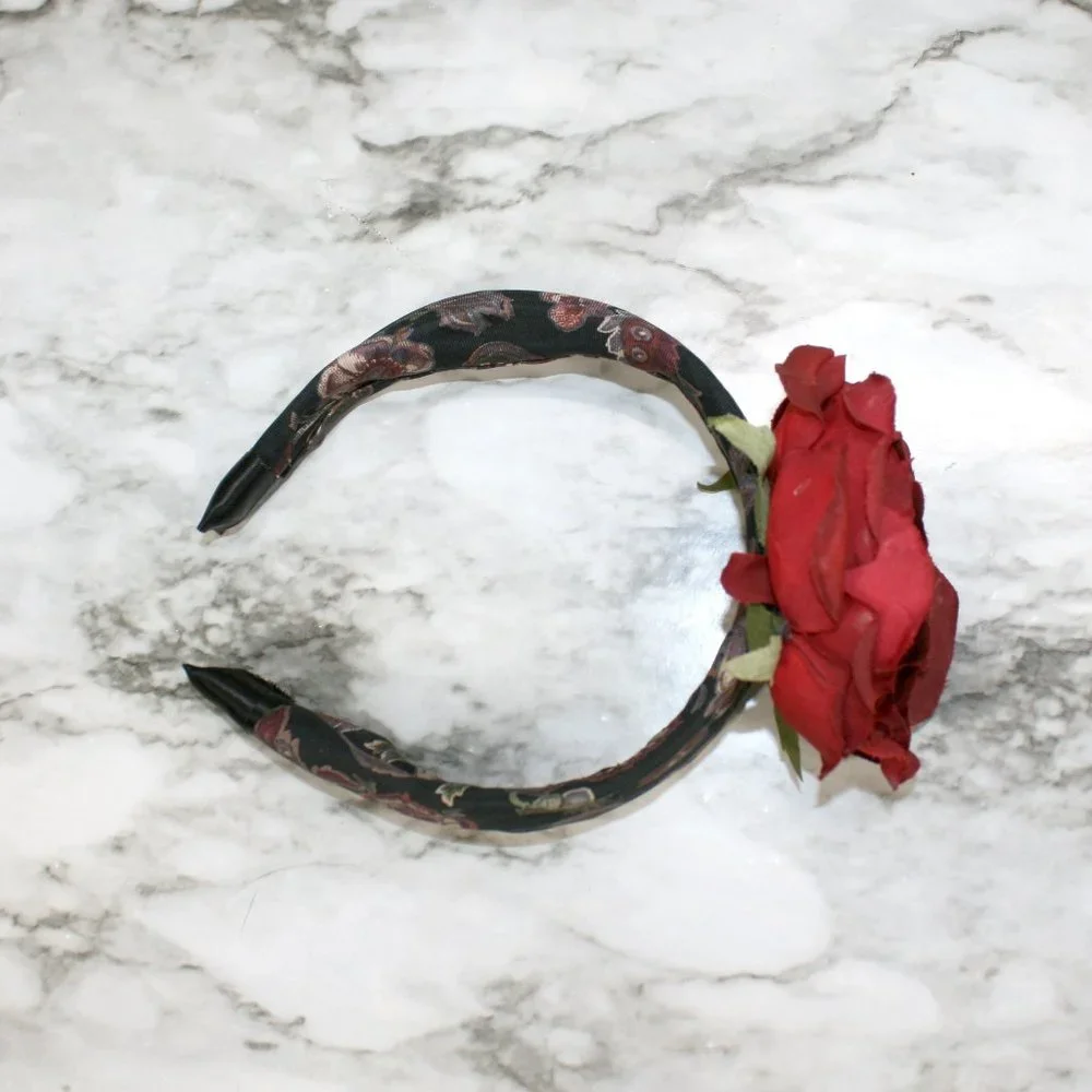 HAND CRAFTED Rose Floral Headband Upcycled Necktie Hair Accessory